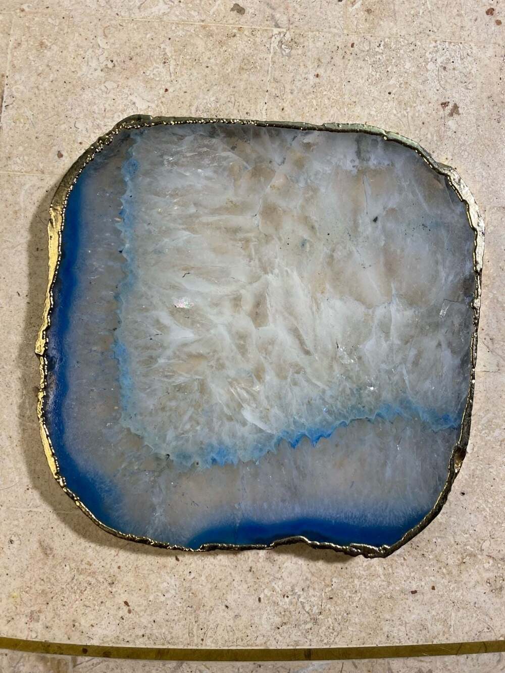 Blue Agate Slice Coaster with Gold Electroplated Edge
